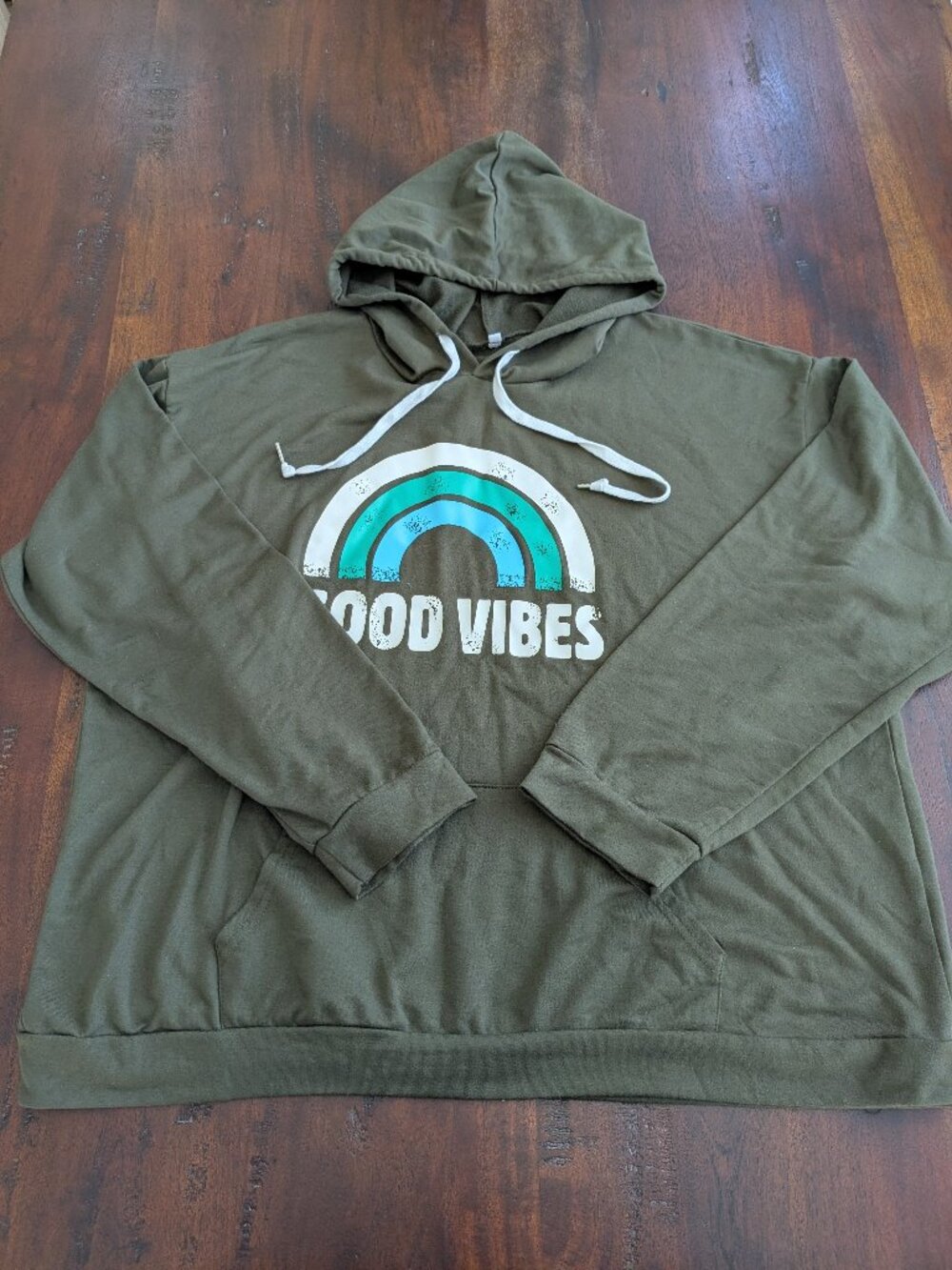 Good Vibes Rainbow Graphic Olive Green Lightweight Hoodie - Size XXL